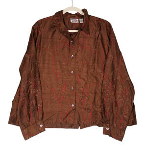 Chico's Jacket Blazer Womens 2 Large Brown Embroidered Beaded Long Sleeve